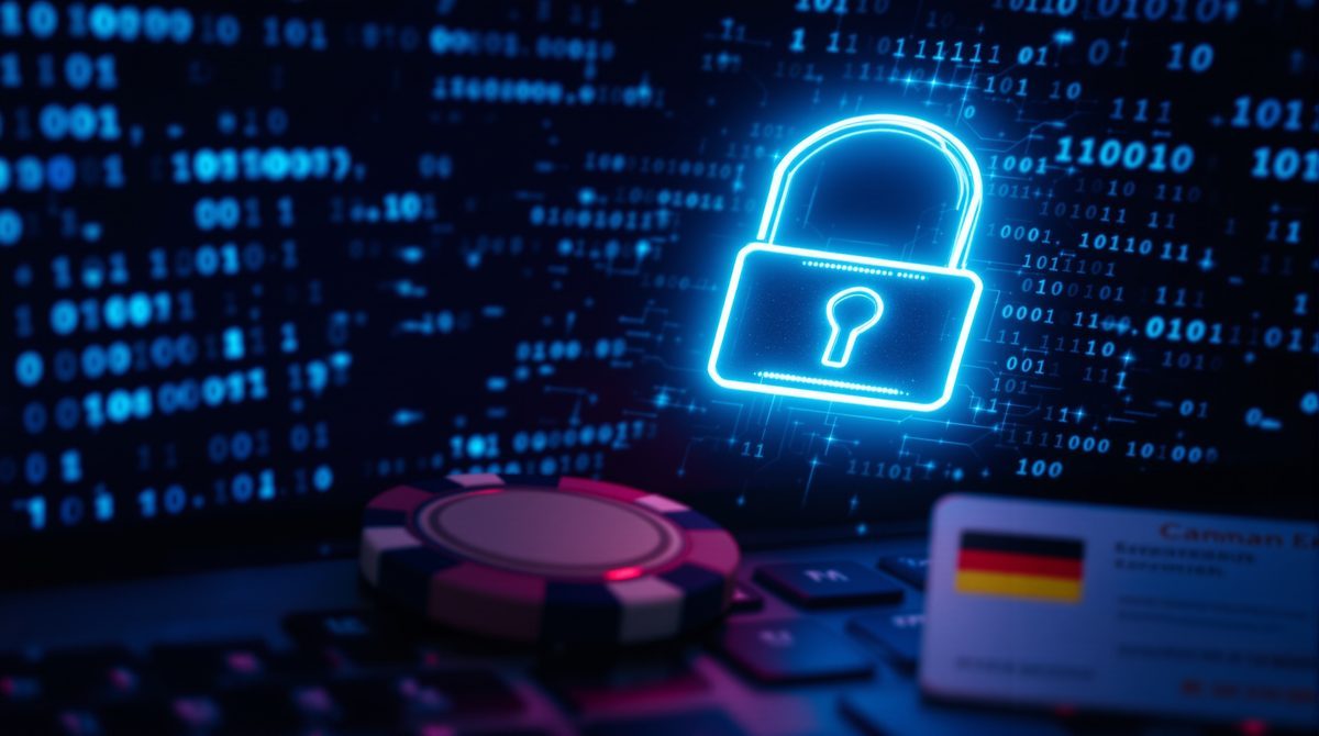 Digitales Sicherheitsschild und Datenschutz-Symbole f&uuml;r Online-Casinos mit Lizenzanforderungen