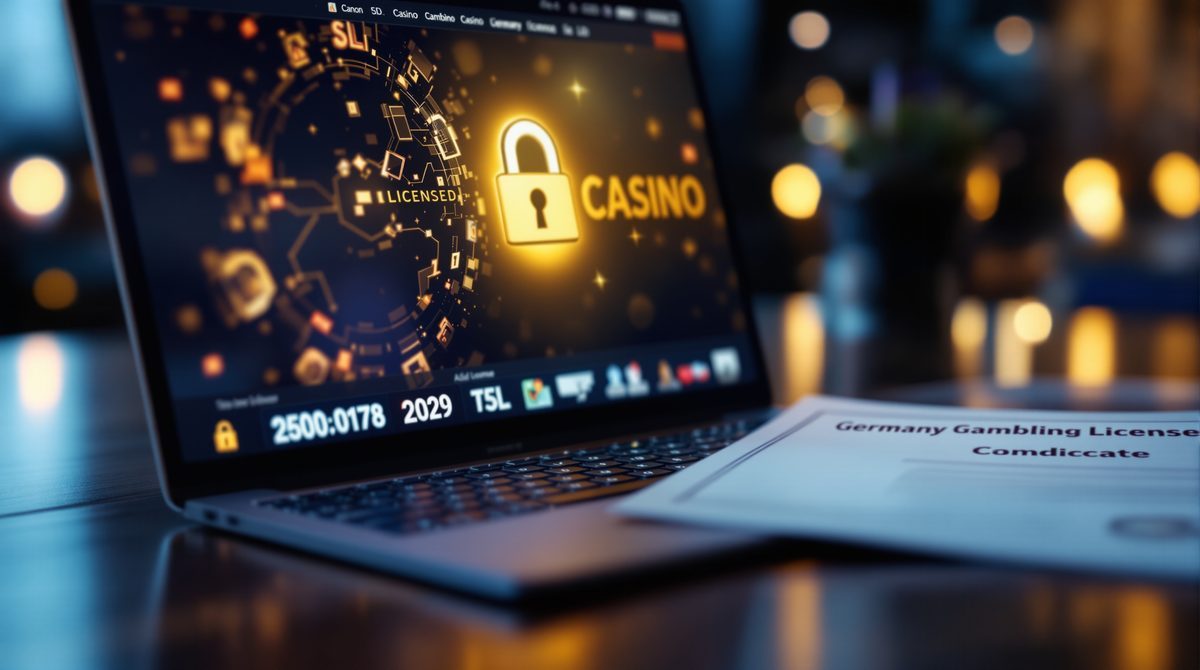 Laptop mit Online-Casino-Website, SSL-Verschlüsselung und Glücksspiellizenz-Dokument – Datenschutz und Sicherheit bei Online-Casinos