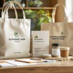 Nachhaltige Werbemittel auf modernem Holzschreibtisch – Bambus-Stifte, Baumwolltaschen und Samenpapier mit Firmenlogo