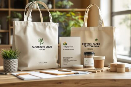 Nachhaltige Werbemittel auf modernem Holzschreibtisch – Bambus-Stifte, Baumwolltaschen und Samenpapier mit Firmenlogo