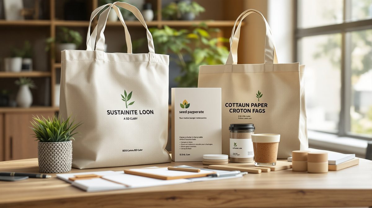 Nachhaltige Werbemittel auf modernem Holzschreibtisch – Bambus-Stifte, Baumwolltaschen und Samenpapier mit Firmenlogo