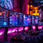 Kompetitiver Gamer am Gaming-Setup mit mehreren Monitoren – digitale Sicherheit im Gaming-Alltag