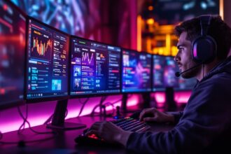 Kompetitiver Gamer am Gaming-Setup mit mehreren Monitoren – digitale Sicherheit im Gaming-Alltag