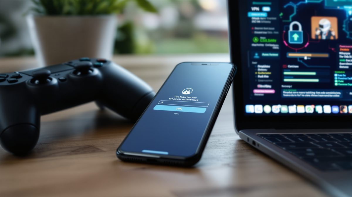 Smartphone mit Zwei-Faktor-Authentifizierung neben Gaming-Controller &ndash; digitale Sicherheitsma&szlig;nahmen f&uuml;r Gamer