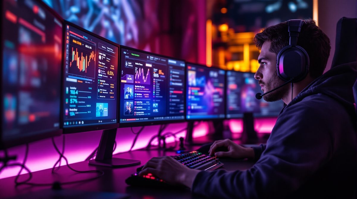 Kompetitiver Gamer am Gaming-Setup mit mehreren Monitoren – digitale Sicherheit im Gaming-Alltag