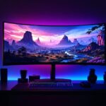 Cineastisches Gaming-Setup mit High-End-PC und großem Monitor, der eine fotorealistische Spielwelt zeigt – symbolisch für die Konvergenz von Gaming und Film
