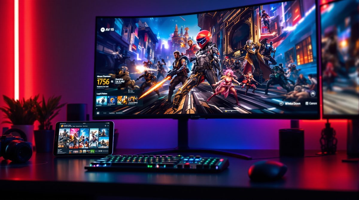 Konvergenz von Gaming und Film &ndash; verschiedene Bildschirme mit cineastischen Spielwelten und Streaming-Inhalten