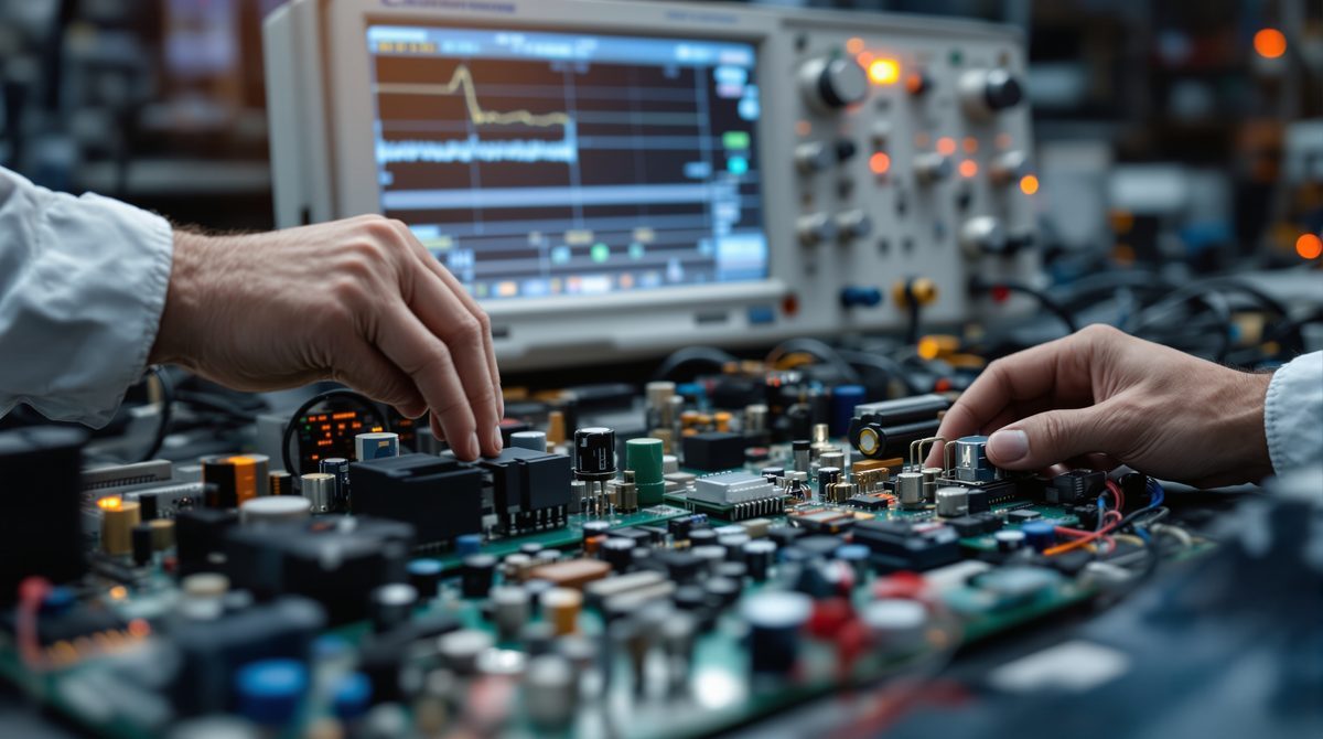 Elektronische Bauteile eines Leistungsreglers &ndash; Thyristoren und Triacs auf einer Platine