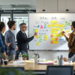 Team erarbeitet gemeinsam OKR Methode am Whiteboard im modernen Büro