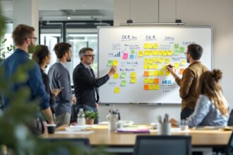 Team erarbeitet gemeinsam OKR Methode am Whiteboard im modernen Büro