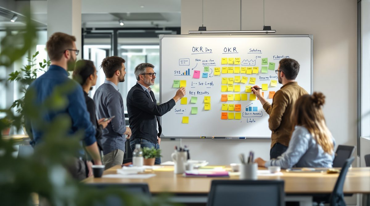 Team erarbeitet gemeinsam OKR Methode am Whiteboard im modernen Büro
