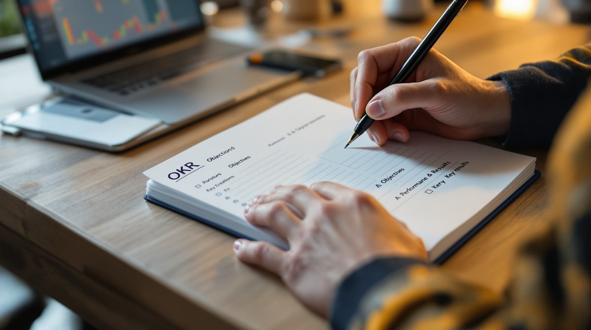 Nahaufnahme eines Notizbuchs mit OKR Planung und Zielen auf einem Schreibtisch