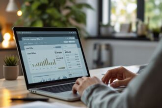 Person vergleicht Kreditangebote auf Online-Vergleichsportal am Laptop