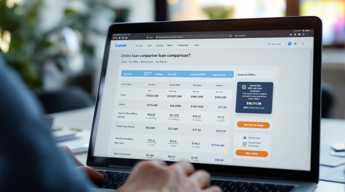 Laptop-Bildschirm zeigt Online-Vergleichsportal mit Kreditangeboten und Zinss&auml;tzen