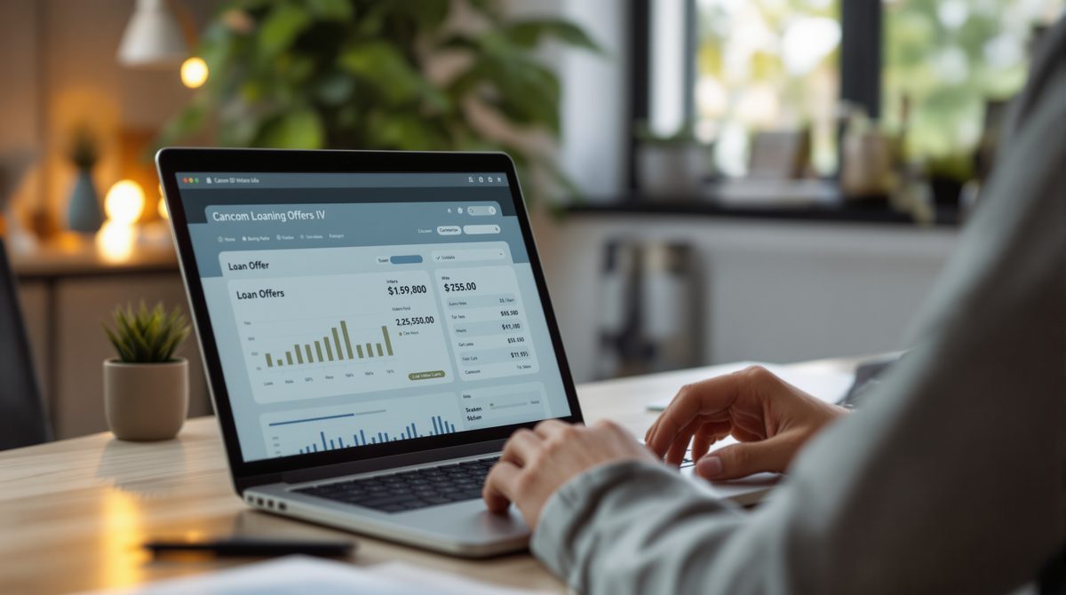 Person vergleicht Kreditangebote auf Online-Vergleichsportal am Laptop