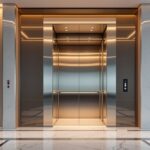 Moderner Personenlift mit geöffneten Türen in einem Gebäudeeingang