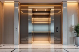 Moderner Personenlift mit geöffneten Türen in einem Gebäudeeingang