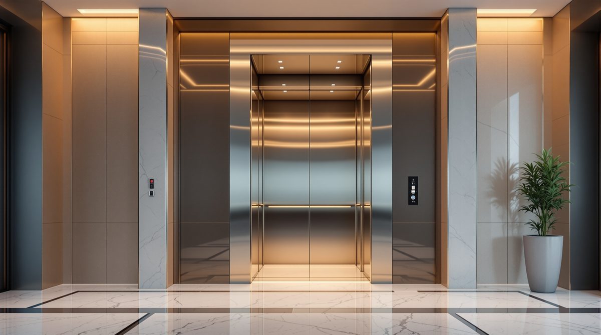 Moderner Personenlift mit geöffneten Türen in einem Gebäudeeingang