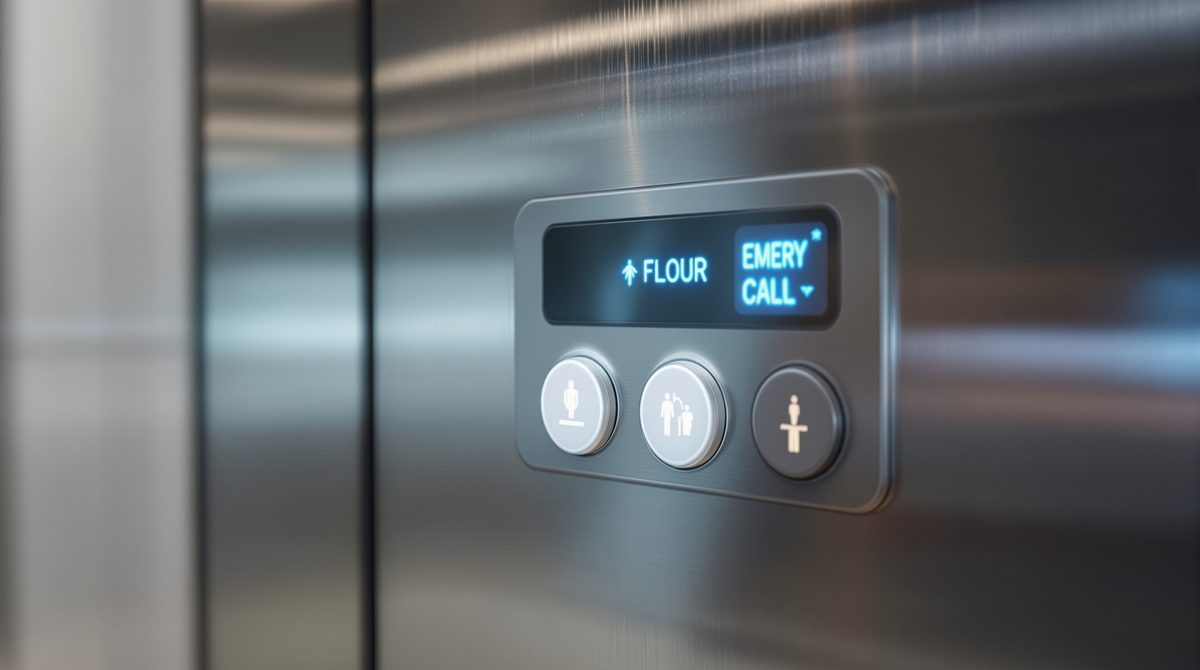 Bedienfeld eines modernen Personenlifts mit Etagen-Tasten und Notrufknopf