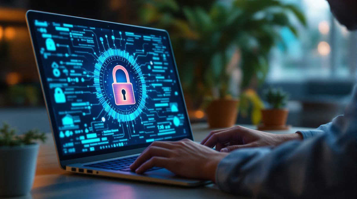 Person am Laptop mit Sicherheitswarnung – sicher online unterwegs vor Betrug schützen