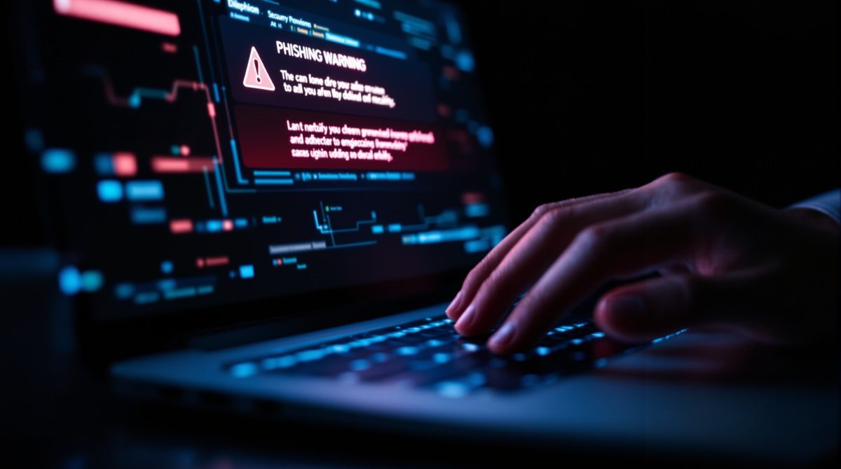 H&auml;nde auf Laptop-Tastatur mit Phishing-Warnung auf dem Bildschirm &ndash; Schutz vor Cyberbetrug