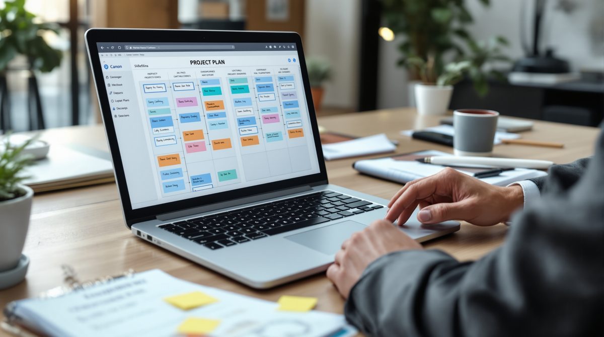 Projektmanager analysiert strukturierten Projektplan am Laptop &ndash; Weiterbildung mit Bildungsgutschein