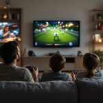 Familie spielt gemeinsam Videospiele im Wohnzimmer – Eltern und Kinder vor dem Fernseher mit Spielkonsole
