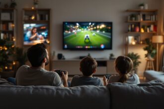 Familie spielt gemeinsam Videospiele im Wohnzimmer – Eltern und Kinder vor dem Fernseher mit Spielkonsole