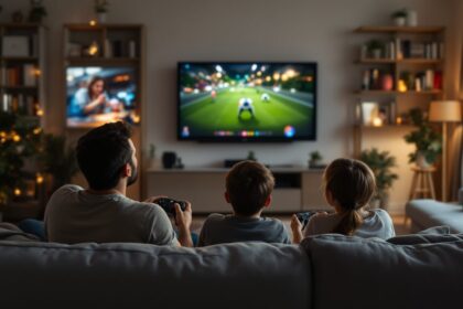 Familie spielt gemeinsam Videospiele im Wohnzimmer – Eltern und Kinder vor dem Fernseher mit Spielkonsole