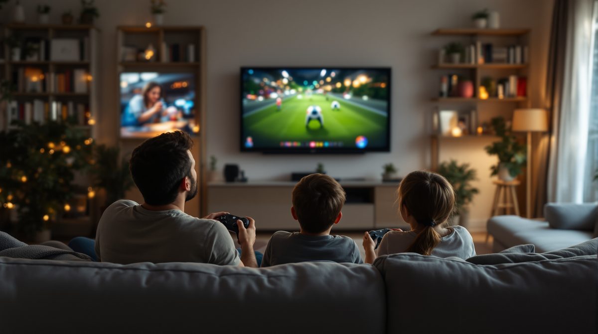 Familie spielt gemeinsam Videospiele im Wohnzimmer – Eltern und Kinder vor dem Fernseher mit Spielkonsole