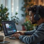 Person mit Kopfhörern am Schreibtisch mit Musikstreaming auf dem Laptop