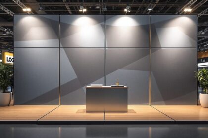 Professionelle Messewand mit Corporate-Branding in einer modernen Ausstellungshalle