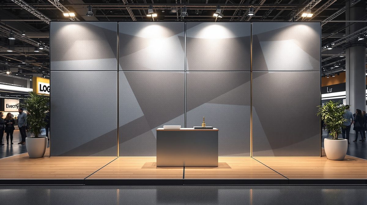 Professionelle Messewand mit Corporate-Branding in einer modernen Ausstellungshalle