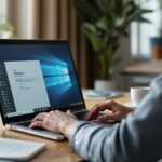 Person nutzt Windows 11 Laptop am modernen Heimarbeitsplatz