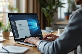 Person nutzt Windows 11 Laptop am modernen Heimarbeitsplatz