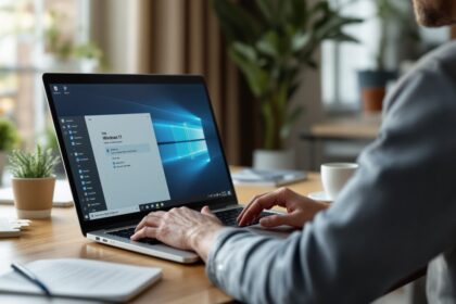 Person nutzt Windows 11 Laptop am modernen Heimarbeitsplatz