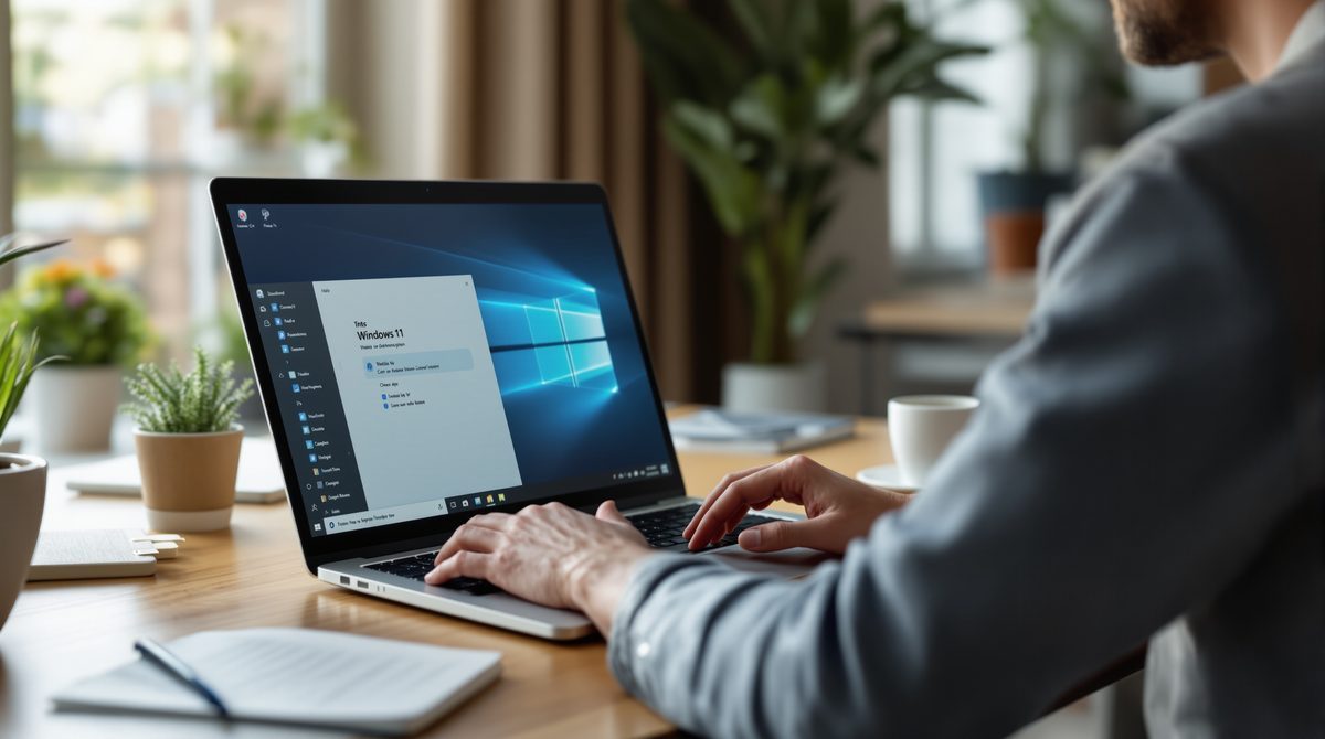 Person nutzt Windows 11 Laptop am modernen Heimarbeitsplatz