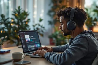 Person mit Kopfhörern am Schreibtisch mit Musikstreaming auf dem Laptop