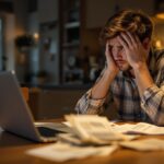 Person an Küchentisch mit Laptop und Rechnungen – digitale Finanzlösungen bei Engpässen