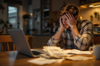 Person an Küchentisch mit Laptop und Rechnungen – digitale Finanzlösungen bei Engpässen