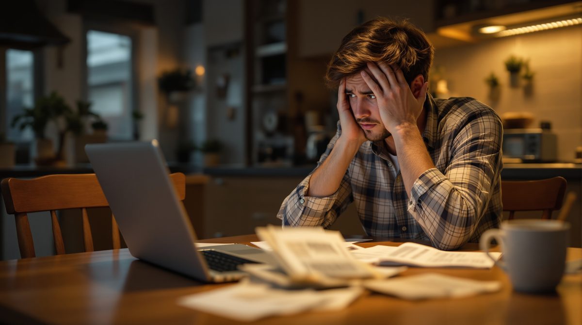 Person an Küchentisch mit Laptop und Rechnungen – digitale Finanzlösungen bei Engpässen