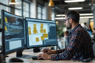 IT-Verantwortlicher eines kleinen Unternehmens prüft nicht genehmigte Shadow-IT-Anwendungen am Monitor