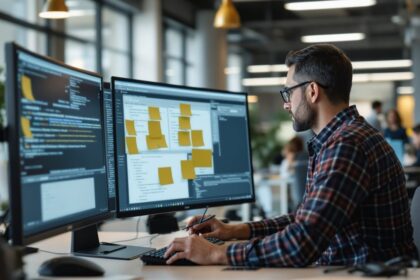 IT-Verantwortlicher eines kleinen Unternehmens prüft nicht genehmigte Shadow-IT-Anwendungen am Monitor