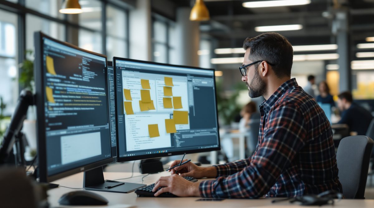 IT-Verantwortlicher eines kleinen Unternehmens prüft nicht genehmigte Shadow-IT-Anwendungen am Monitor