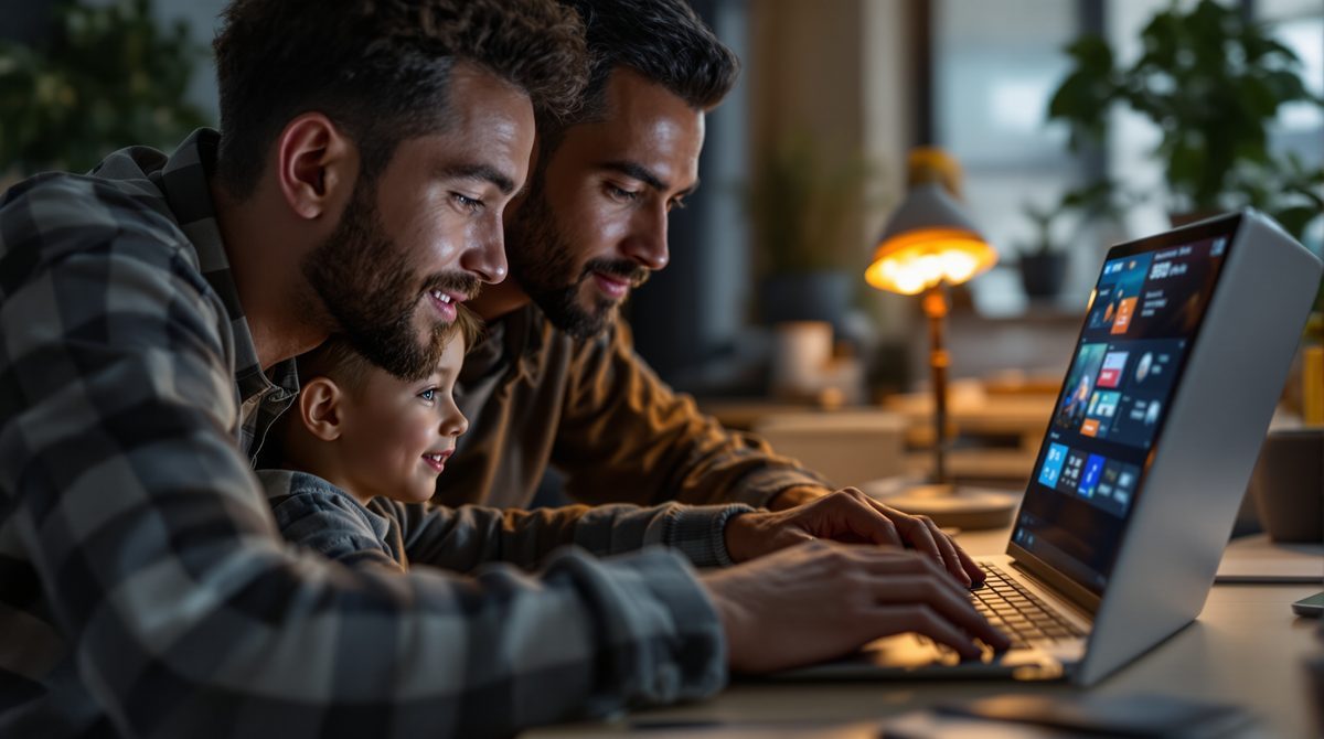 Elternteil und Kind schauen gemeinsam auf einen Laptop-Bildschirm mit digitalem Gaming-Marktplatz und Guthaben-Codes