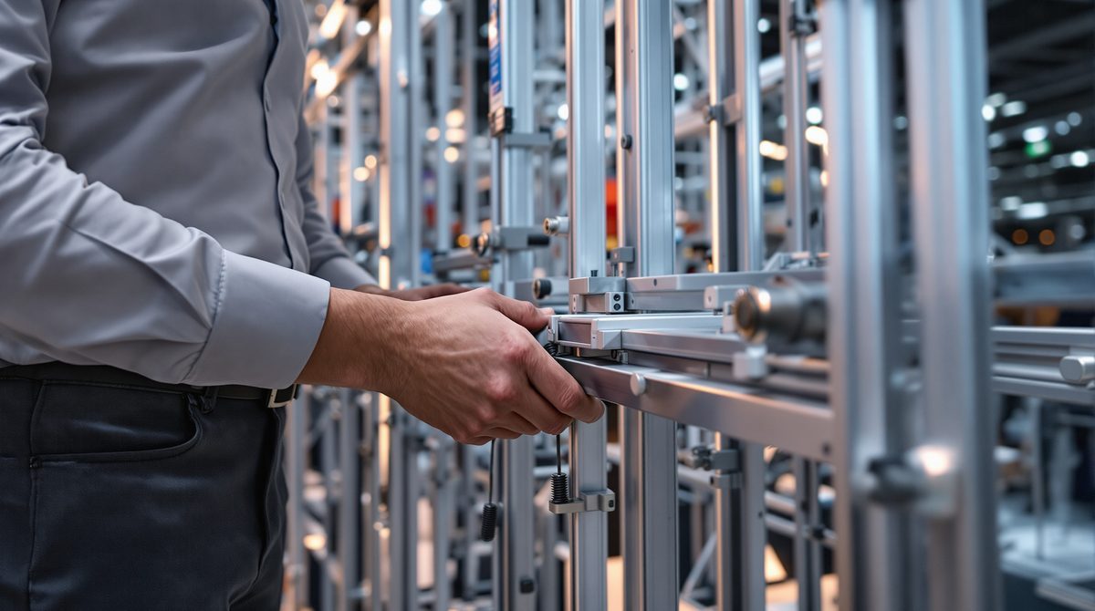 Modulares Aluminium-Messesystem wird von einer Person aufgebaut &ndash; Detailansicht