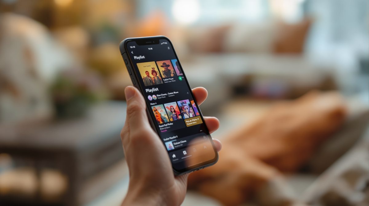 Smartphone mit Musikstreaming-Playlist und bunten Album-Covern