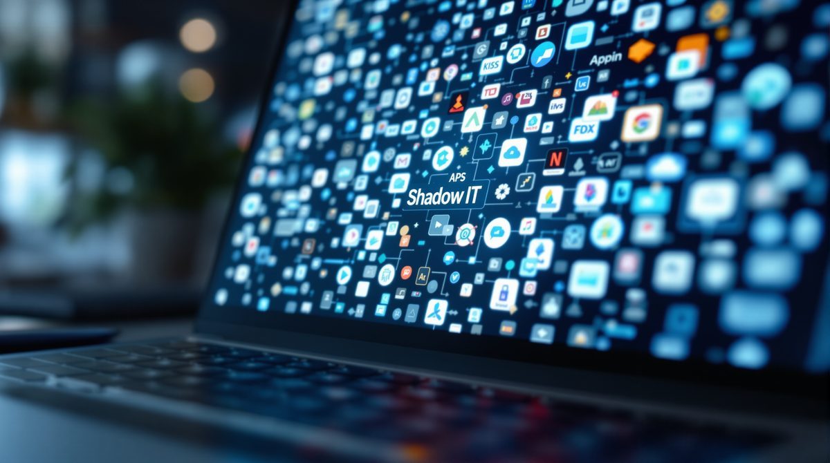Laptop-Bildschirm zeigt unkontrollierte Shadow-IT-Tools und Cloud-Dienste in einem Unternehmen