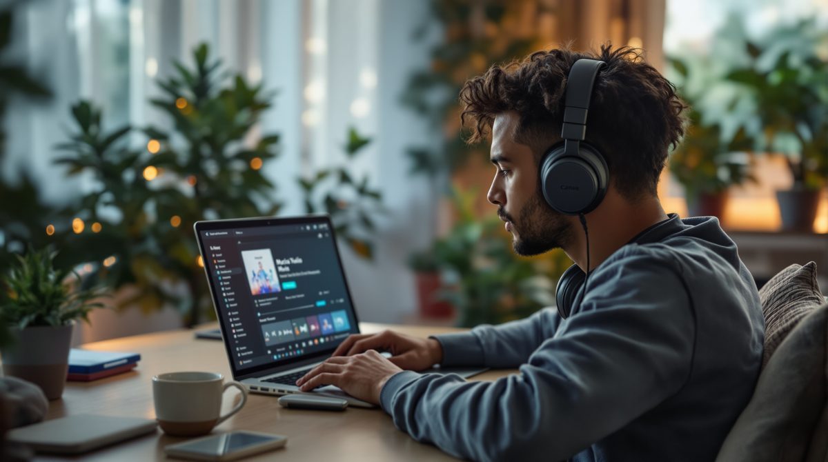 Person mit Kopfhörern am Schreibtisch mit Musikstreaming auf dem Laptop