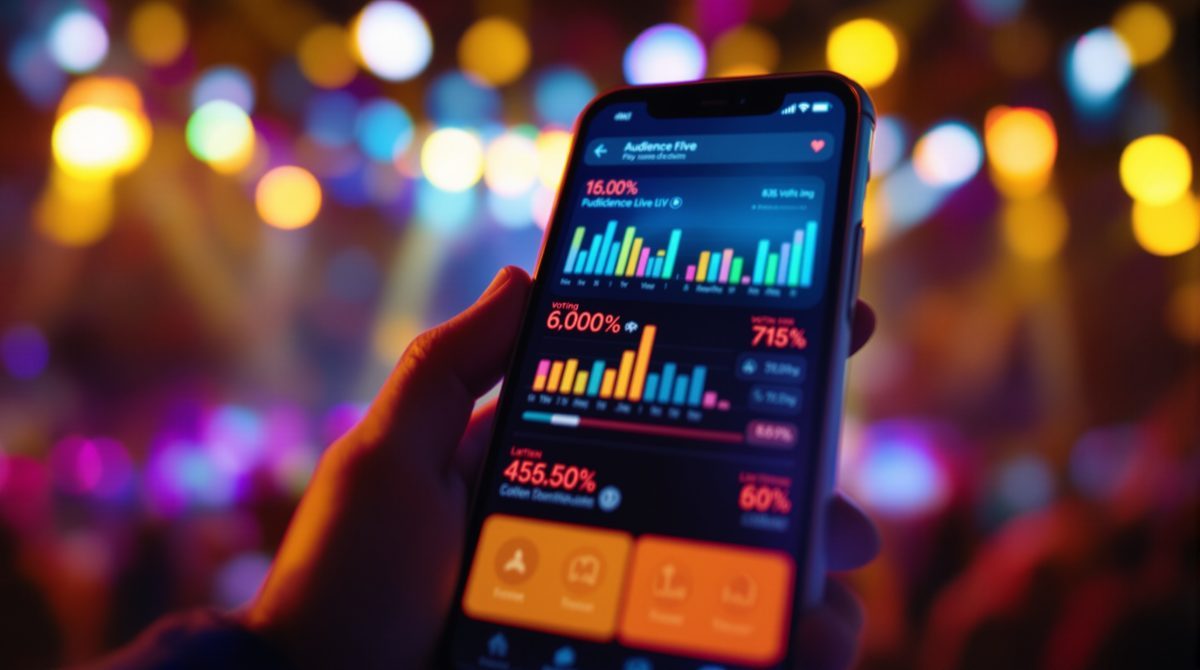 Smartphone-Bildschirm mit Live-Voting-App und Echtzeit-Ergebnissen bei einer Unterhaltungsshow